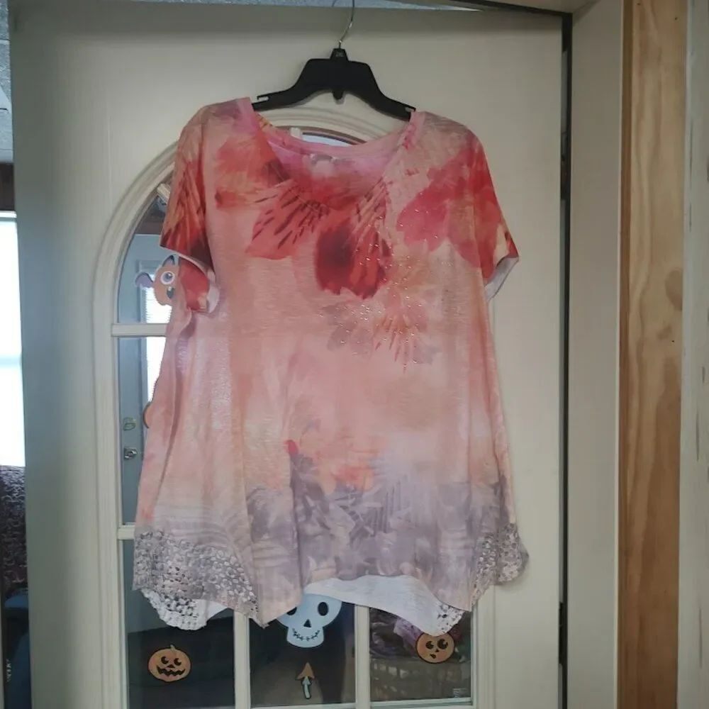 Time And Tru Orange Multi-Color Short Sleeve Top Size Women's XXL 20